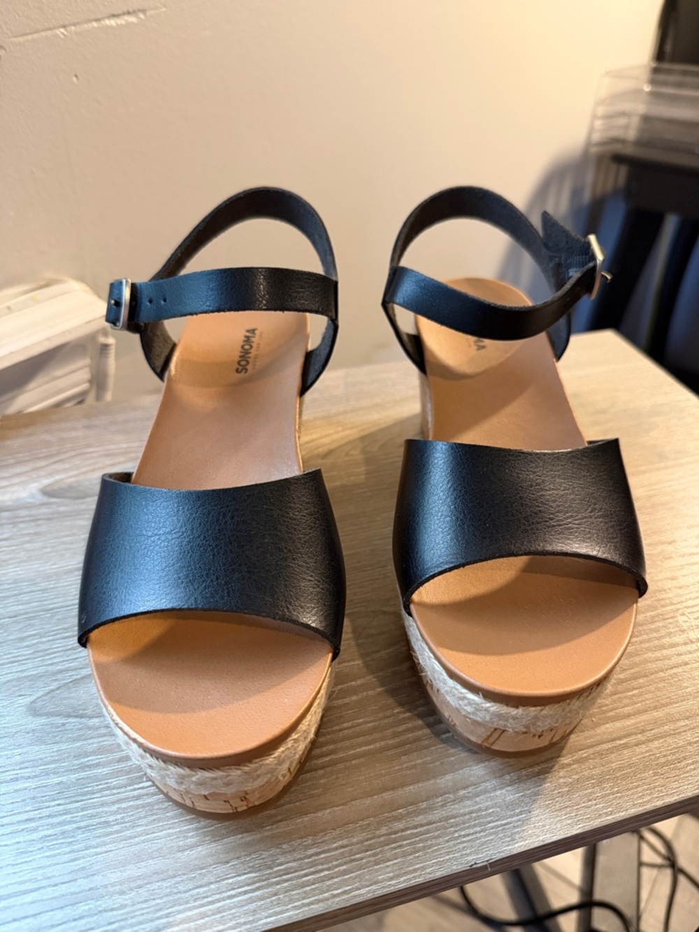 SONOMA Black Wedge Sandals with Cork-Look Platform